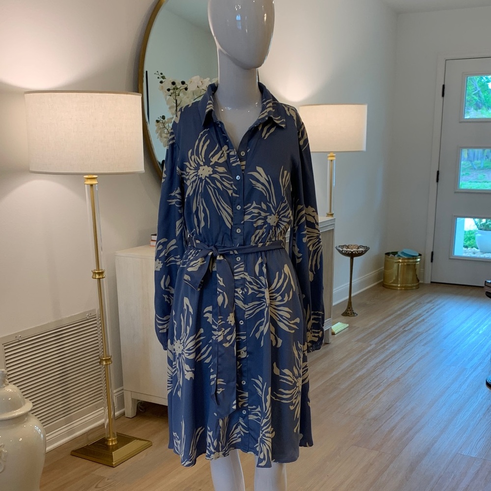 Blue Floral Shirt Dress with Belt